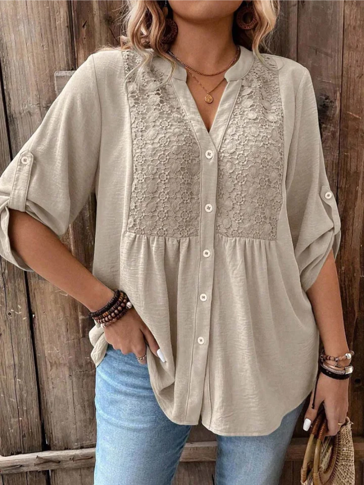 Women's Elegant Wide Sleeve V-Neck Blouse Khaki