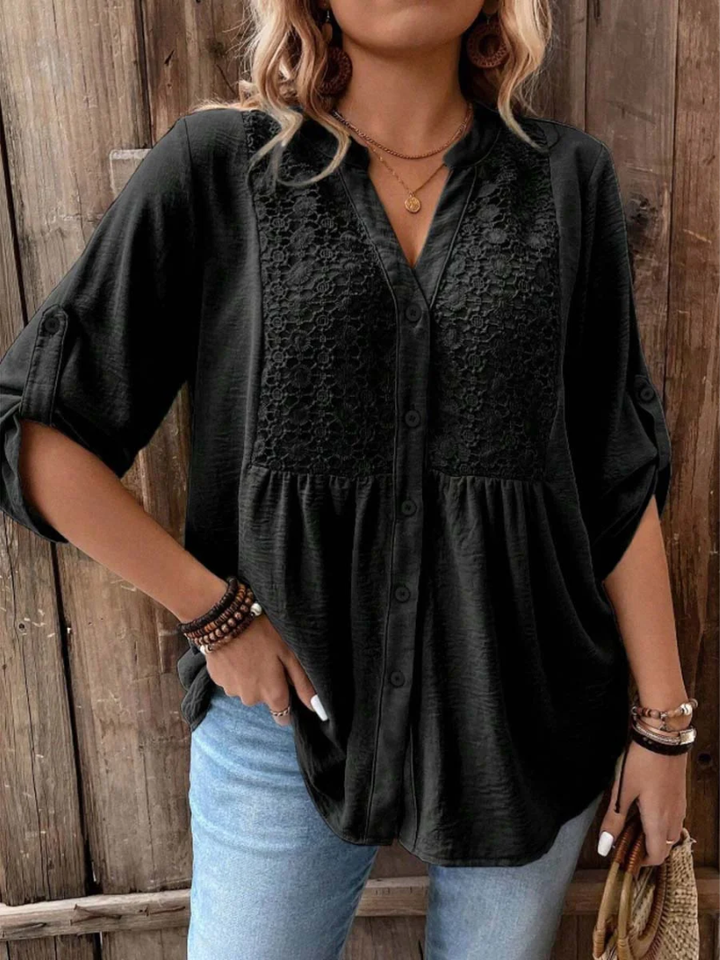 Women's Elegant Wide Sleeve V-Neck Blouse Black