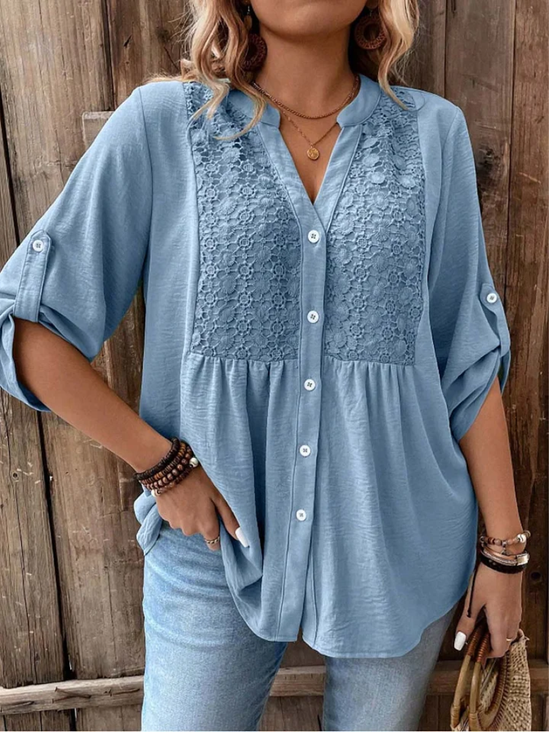 Women's Elegant Wide Sleeve V-Neck Blouse Blue