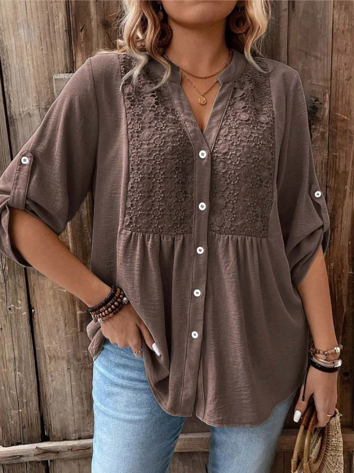 Women's Elegant Wide Sleeve V-Neck Blouse Brown
