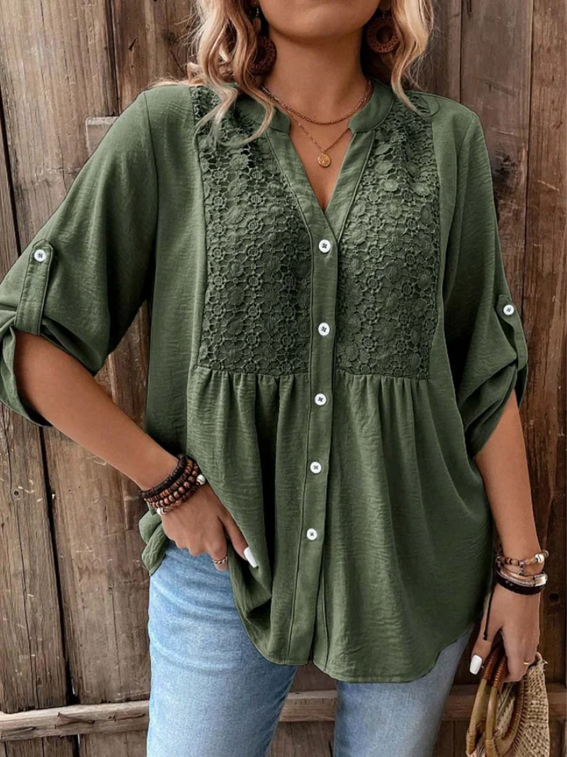 Women's Elegant Wide Sleeve V-Neck Blouse Green