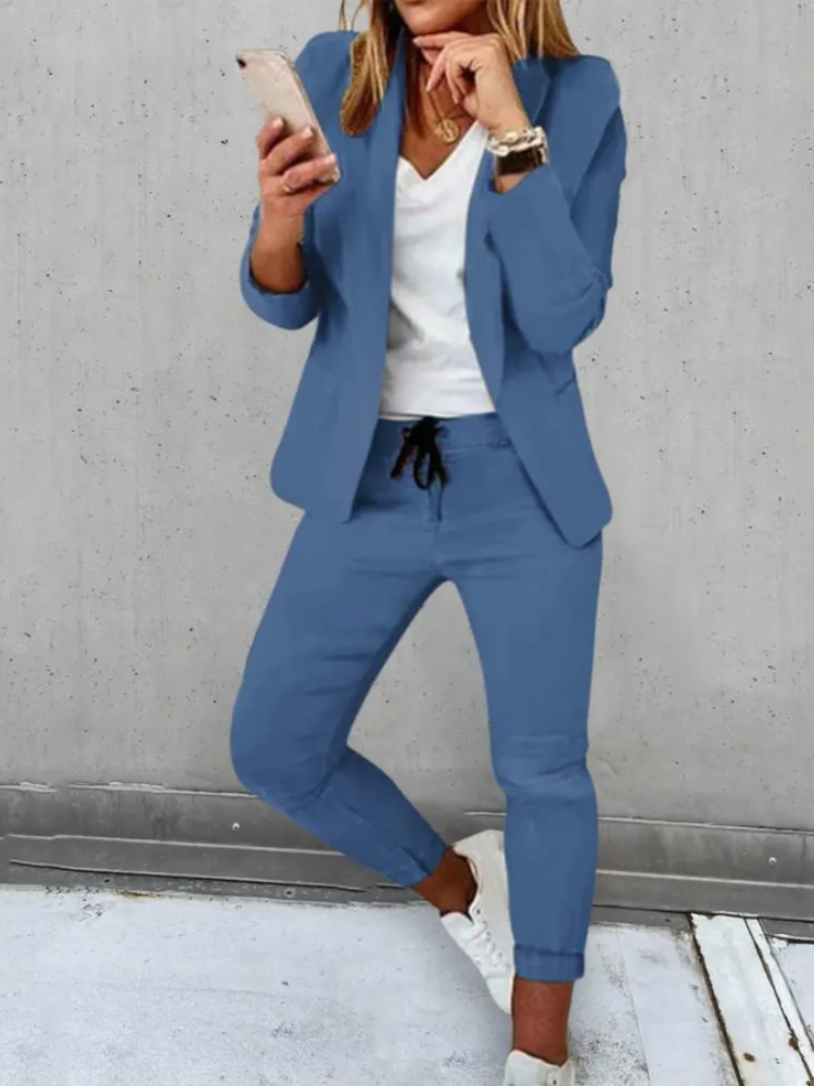 Women's Relaxed Blazer & Jogger Pants Suit Set – Ankle Length – Comfortable Smart Casual Outfit Blue