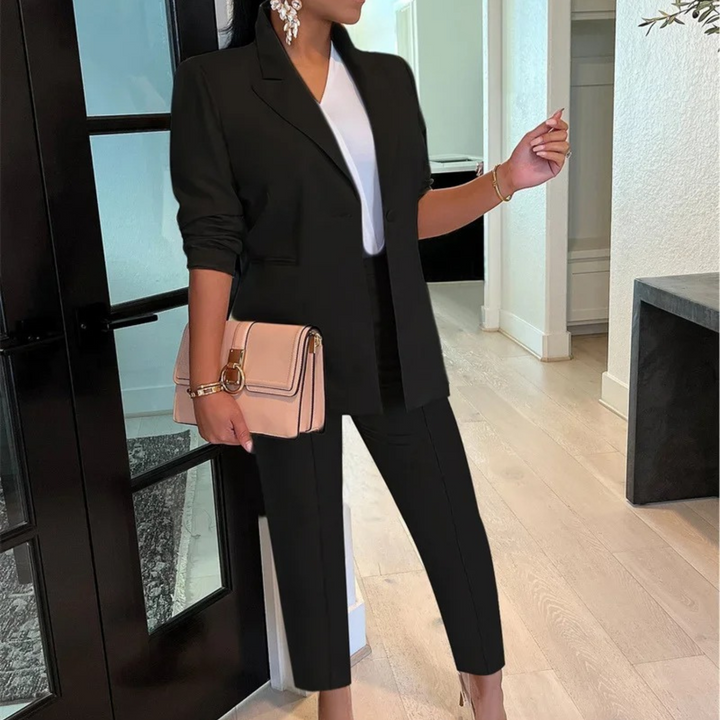 Women's Tailored Suit Set – Blazer with Slim Fit High Waist Pants – Ankle-Length Design Black