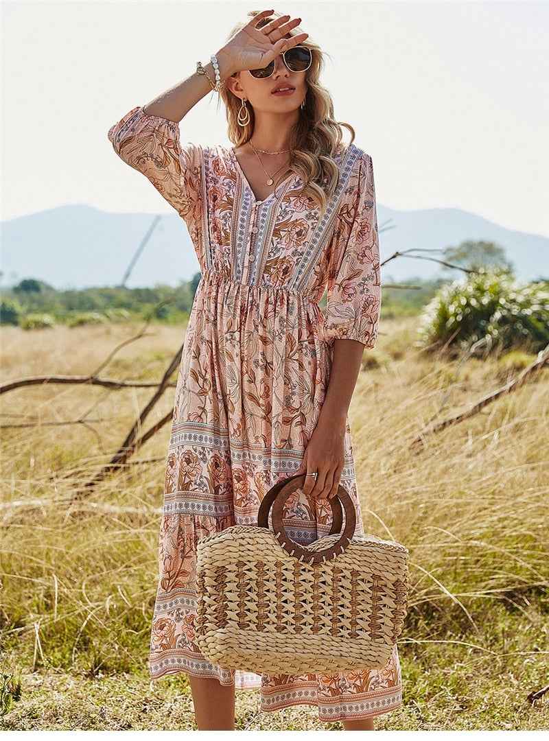 Women's Bohemian Floral Maxi Dress – V-Neck, Three-Quarter Sleeve, Fitted