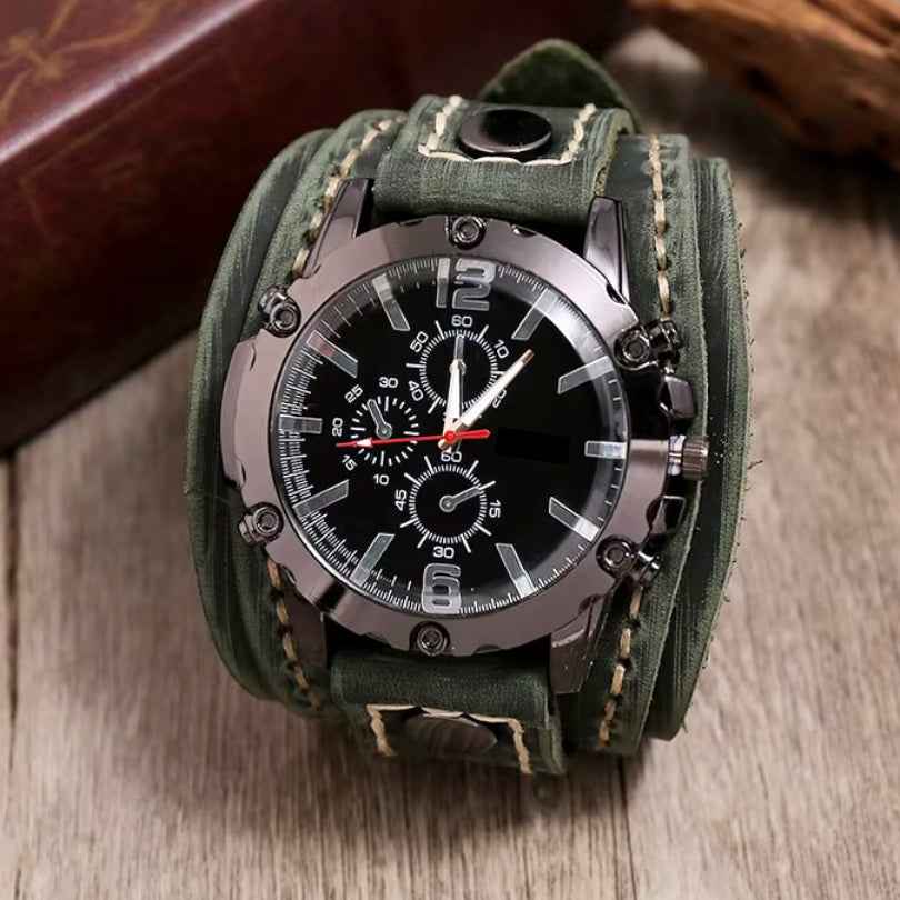 Men's Leather Watch with Rugged Armor Design Green