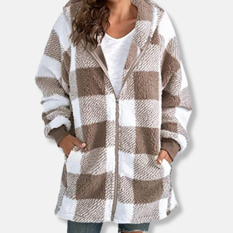 Women's Oversized Checked Hoodie – Soft Knit with Hood and Zipper Khaki
