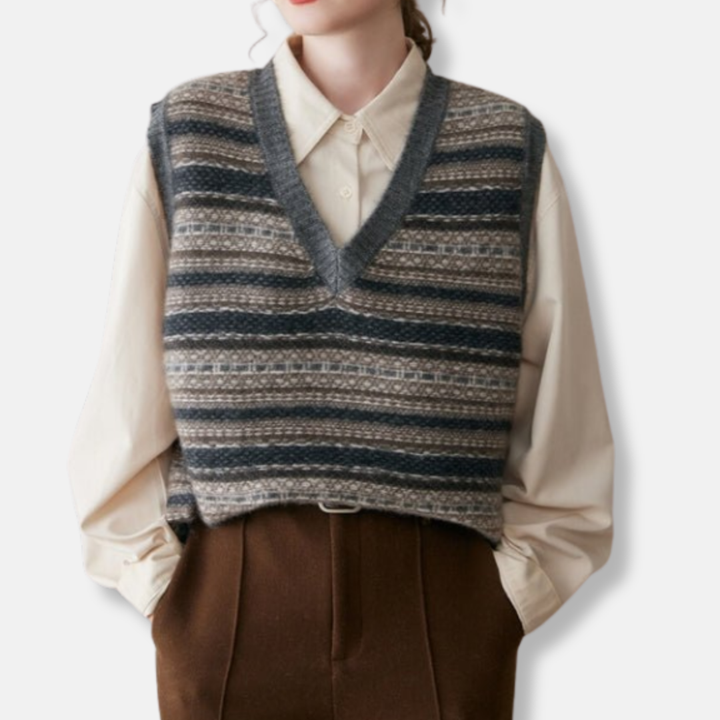 Women's Fair Isle Ribbed Trim Relaxed Fit Vest Dark Gray