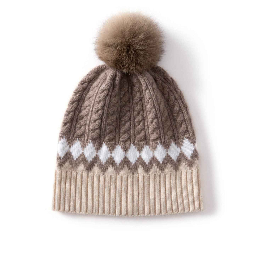 Cozy Cable Knit Beanie with Fur Pom-Pom Khaki