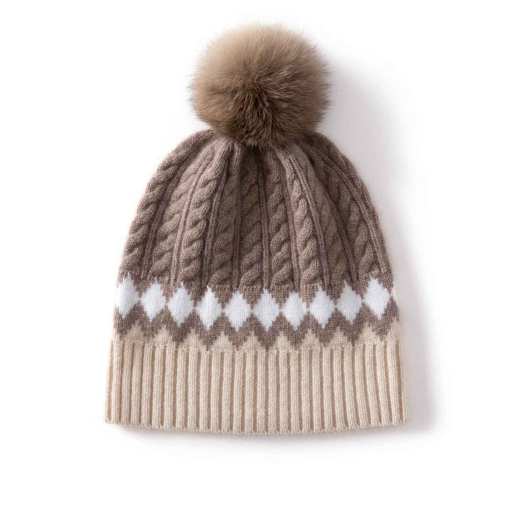 Cozy Cable Knit Beanie with Fur Pom-Pom Khaki