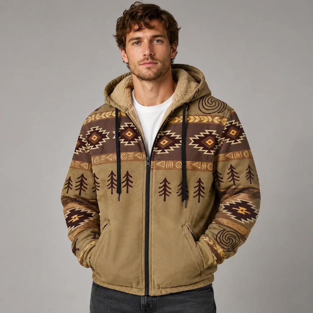 Men's Sherpa Lined Aztec Print Zip Hoodie Khaki