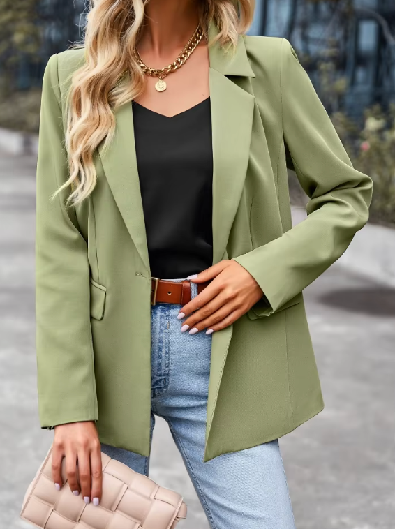 Women's Tailored Blazer - Classic Lapels - Hip Length - Formal Style Green