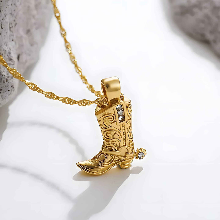 Rhinestone Cowboy Boot Charm Pendant Necklace Gold