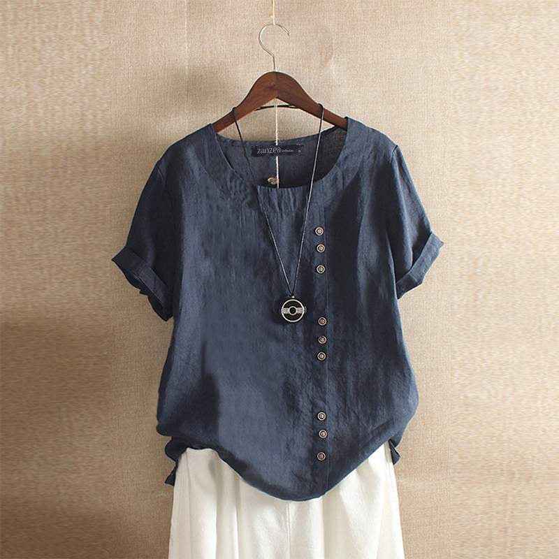 Women's Short Sleeve Button-Up Linen Blouse Blue