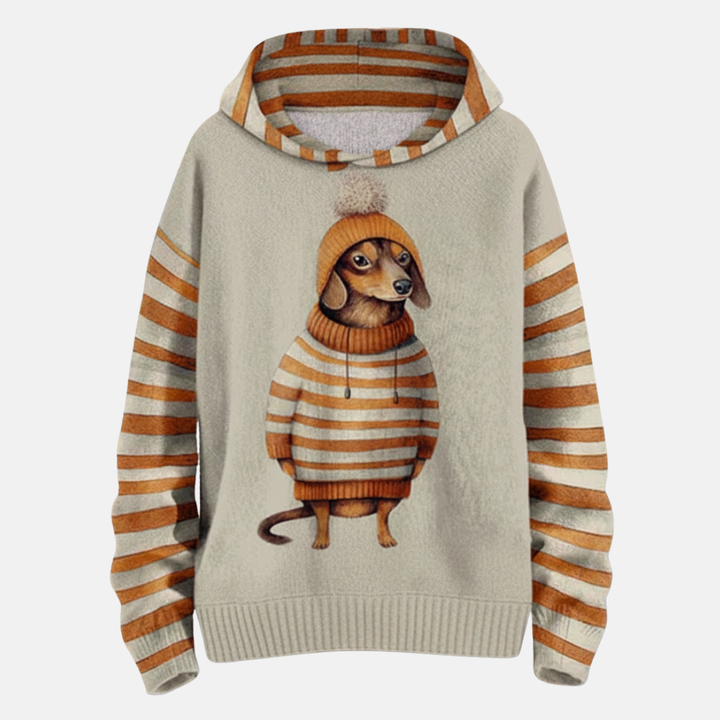 Women's Relaxed Fit Hoodie – Fleece Feel with Cartoon Dog Print & Striped Sleeves Orange