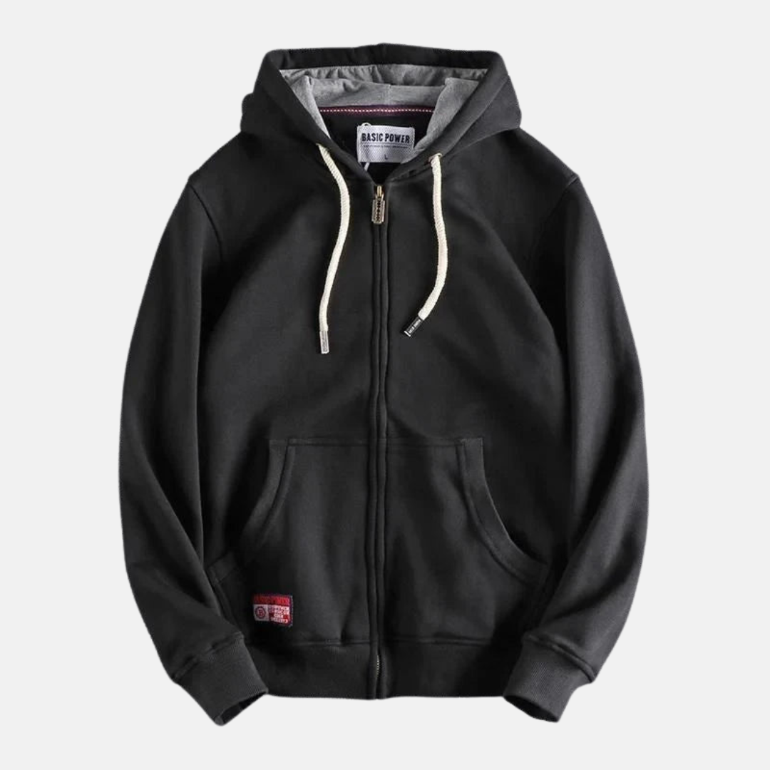 Men's Relaxed Fit Full Zip Hoodie with Drawstring Black