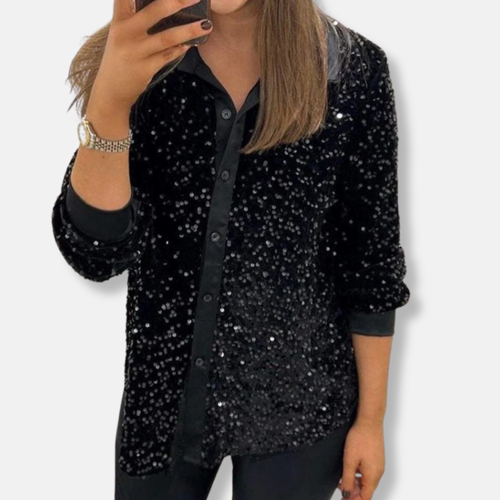 Women's Relaxed Fit Sequin Blouse with Button Closure – Festive Shine Black