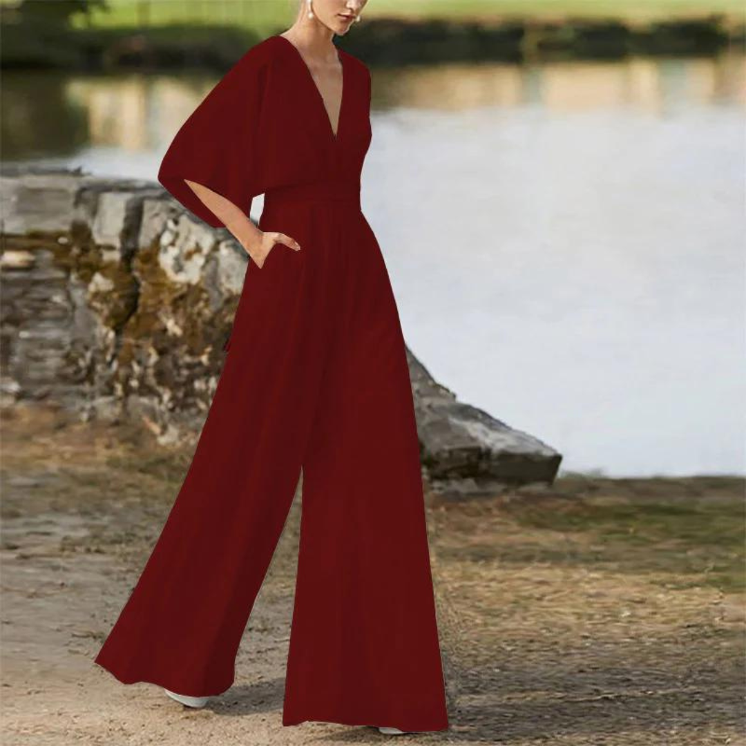 Women's Relaxed Fit Jumpsuit – Deep V-Neck, Half Sleeves, Wide Legs – Breathable Design Dark Red