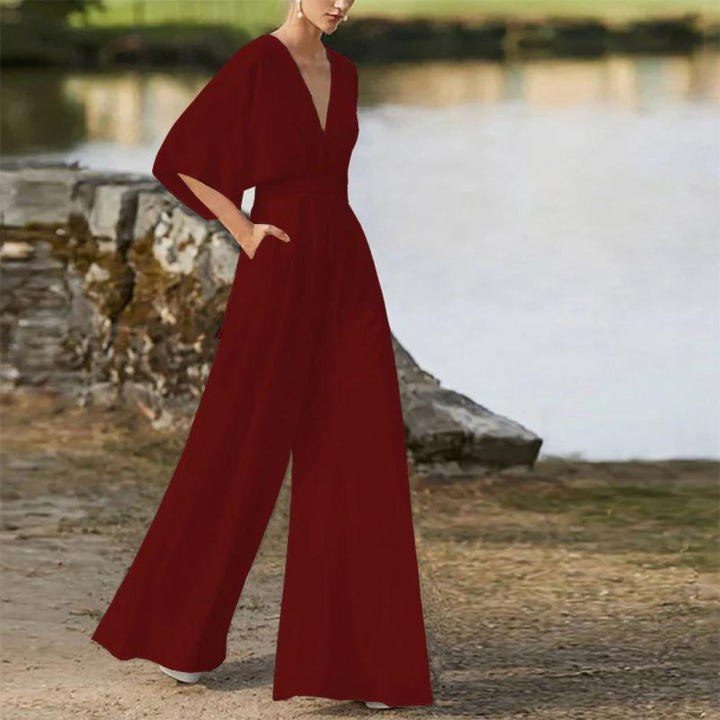Women's Relaxed Fit Jumpsuit – Deep V-Neck, Half Sleeves, Wide Legs – Breathable Design Dark Red