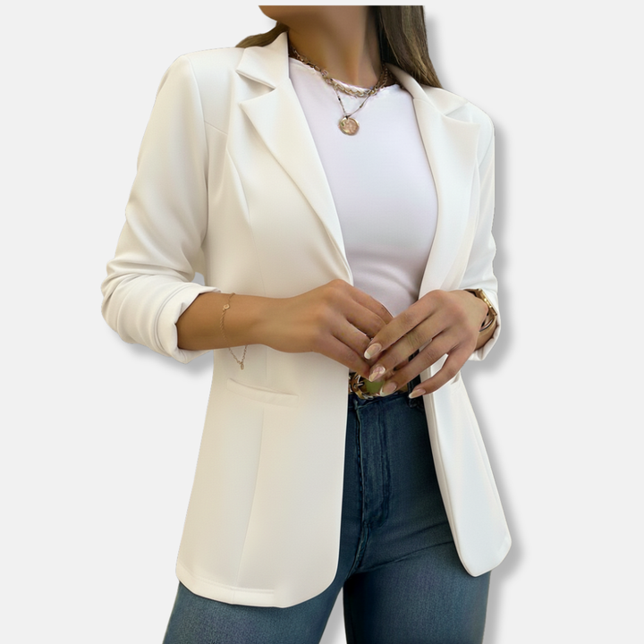 Women's Tailored Blazer – Three-Quarter Sleeve – Classic Lapels – Flap Pockets White