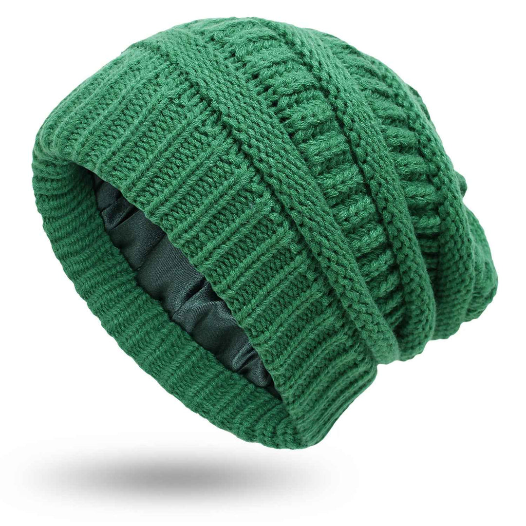 Warm Woolen Knit Satin Hats for Women's Protective Hairstyles Green One size