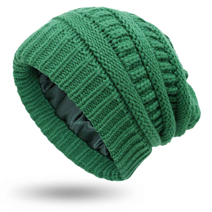 Warm Woolen Knit Satin Hats for Women's Protective Hairstyles Green One size