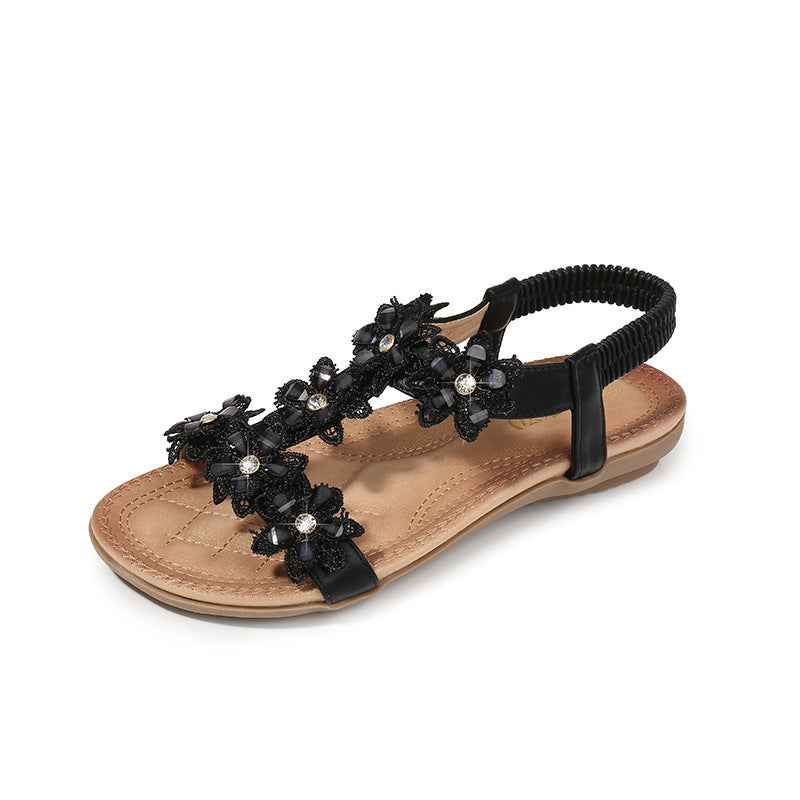 Large Size Sandals Women T-Shaped Flower Women Sandals Beach Sandals Black