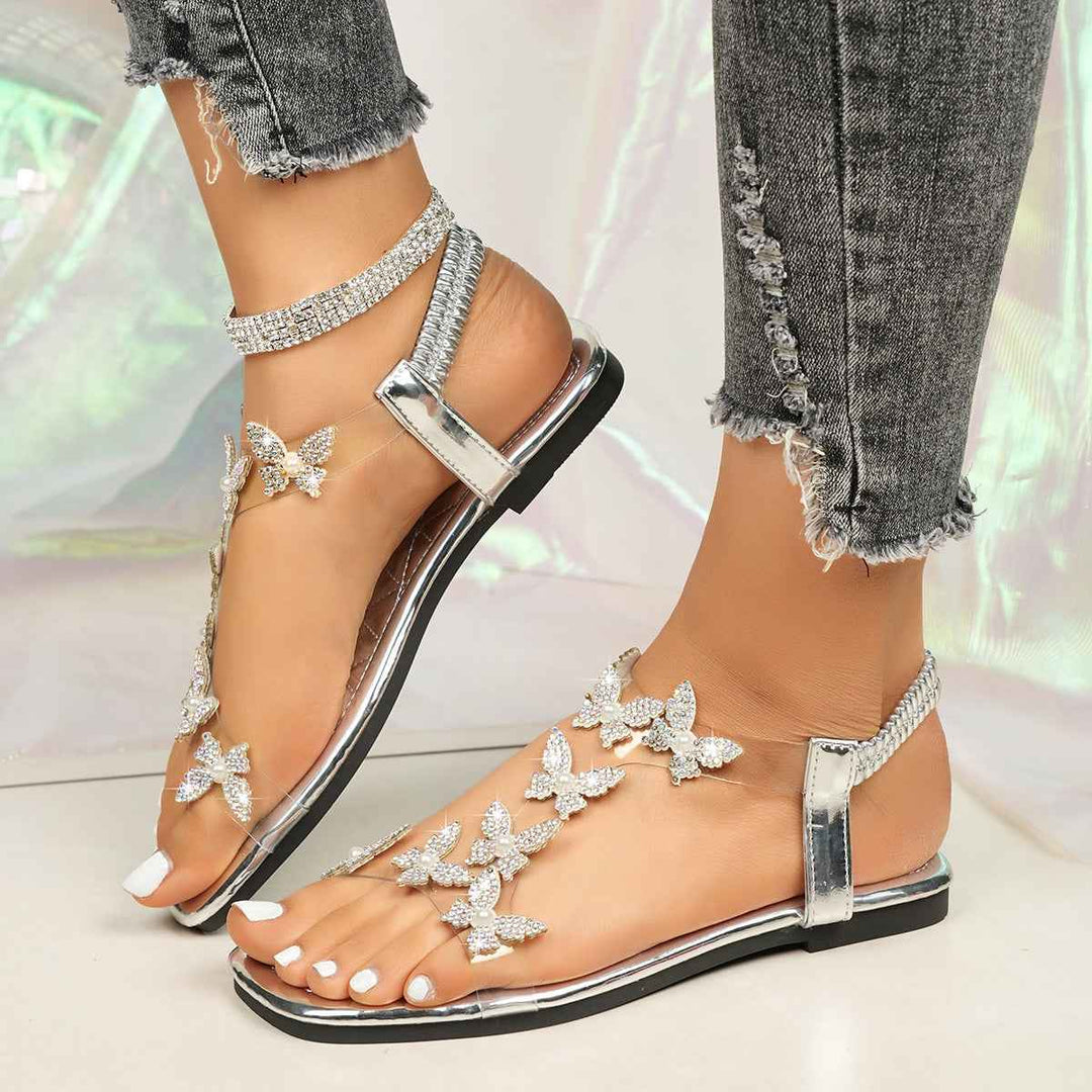 New Butterfly Rhinestone Sandals Summer Square Toe Flat Shoes For Women Silvery