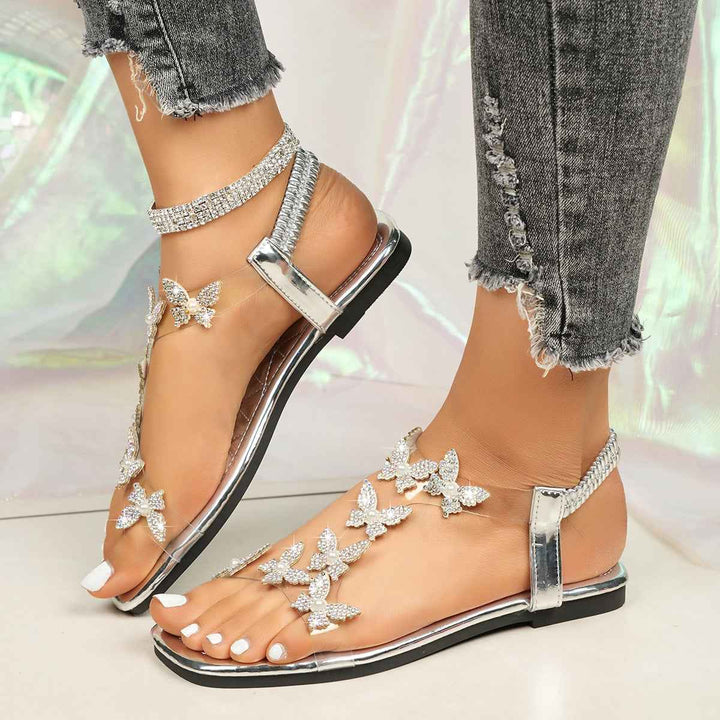 New Butterfly Rhinestone Sandals Summer Square Toe Flat Shoes For Women Silvery