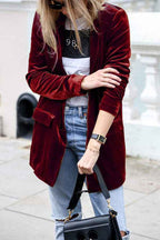 Women's Velvet Blazer - Chic Long Coat for Casual & Elegant Styles Red