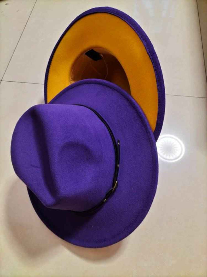 Stylish Color-Block Fedora Hat for Trendy Jazz Lovers Purple inner yellow M