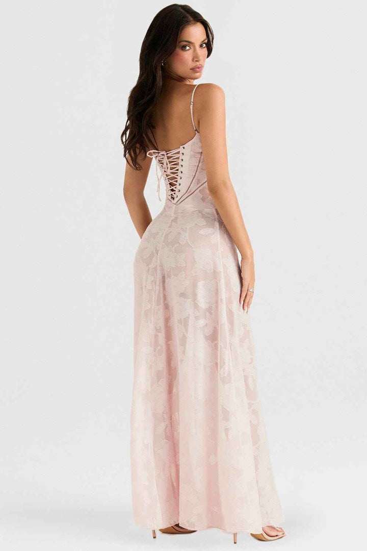 Women's Floral Maxi Dress – Slim Fit – Lightweight Fabric – Spaghetti Straps Pink