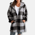 Women's Oversized Checked Hoodie – Soft Knit with Hood and Zipper Grey