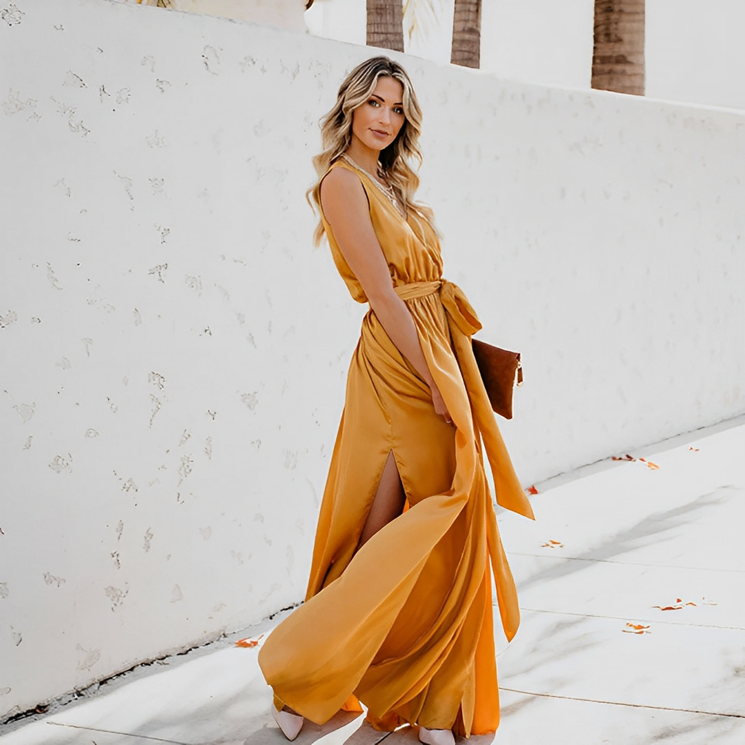 Melissa | Elegant Maxi Dress with Waist Belt for Special Occasions Yellow