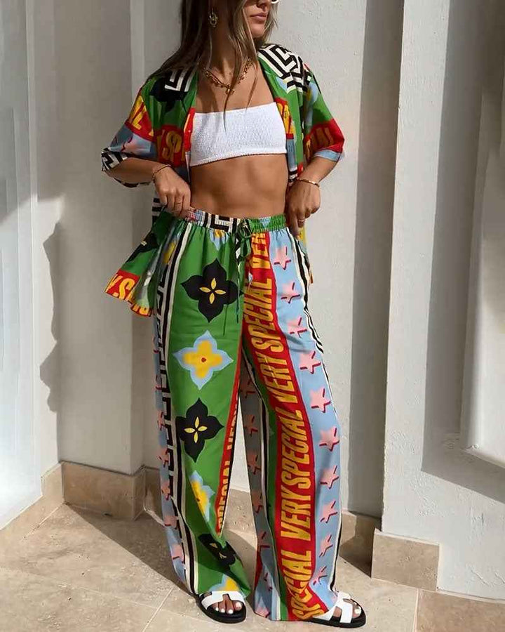 Women's Graphic Print Co-ord Set – Short Sleeve Blouse & Wide High Waist Pants