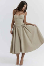 Women's A-Line Midi Dress with Corset Top and Spaghetti Straps – Lightweight Fabric Khaki