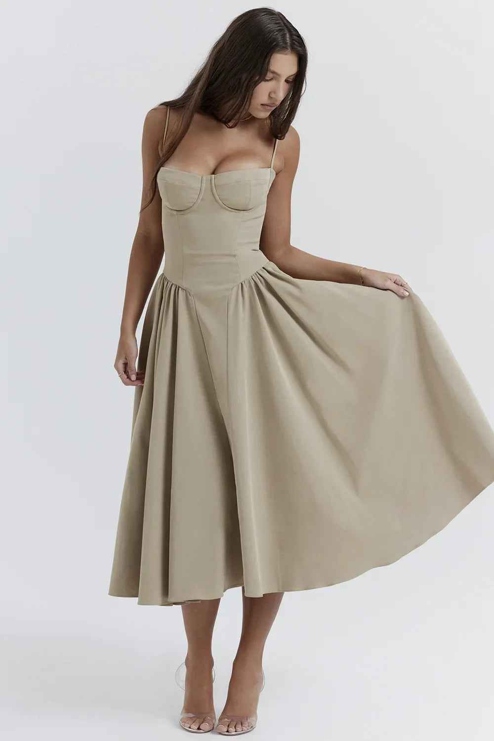 Women's A-Line Midi Dress with Corset Top and Spaghetti Straps – Lightweight Fabric Khaki