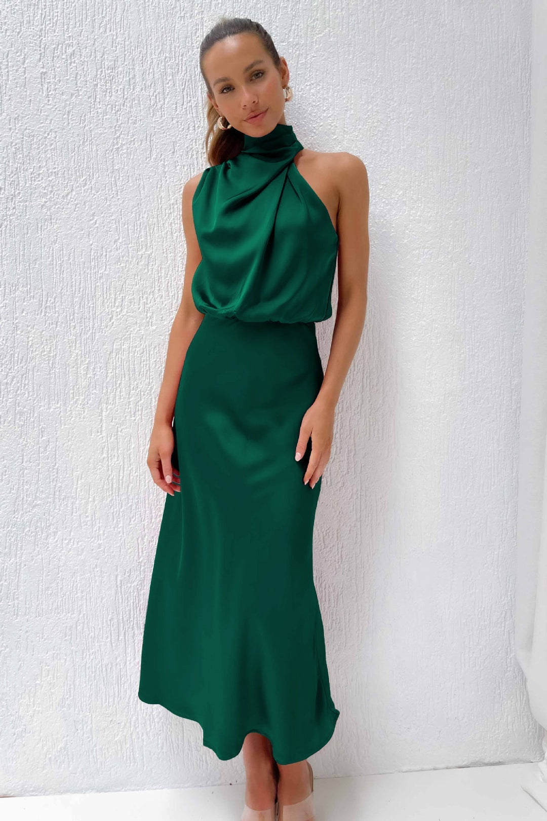 Women's Long Satin Halterneck Dress Green
