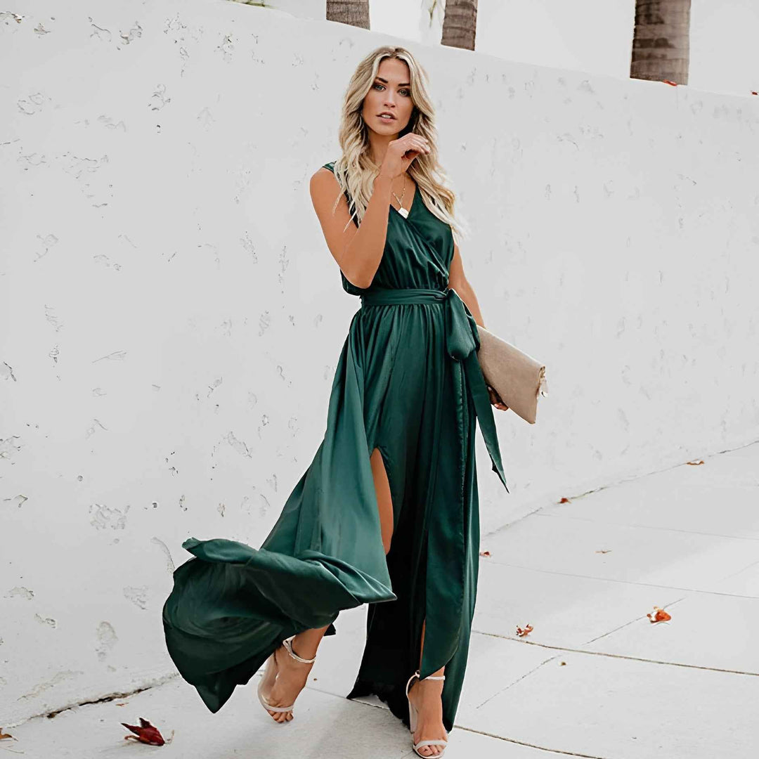 Melissa | Elegant Maxi Dress with Waist Belt for Special Occasions Green
