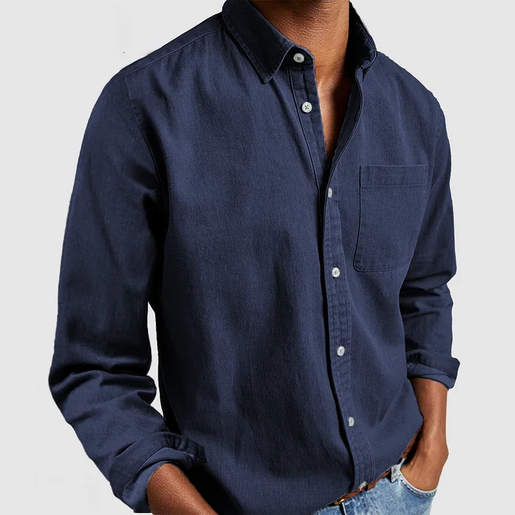Men's Cotton Long Sleeve Shirt with Chest Pocket - Regular Fit Navy Blue