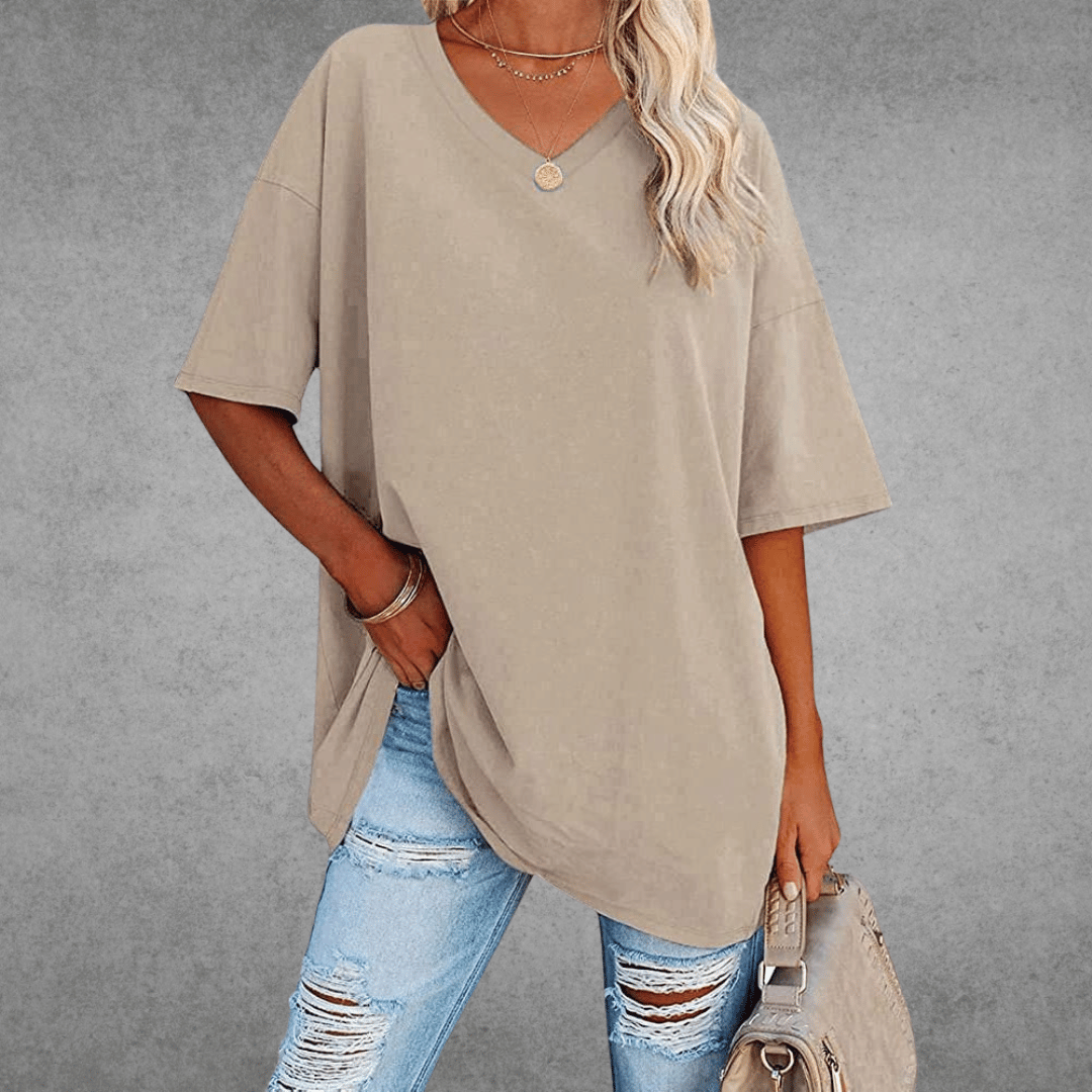 Nikita | Stylish Oversized V-Neck Shirt Beige