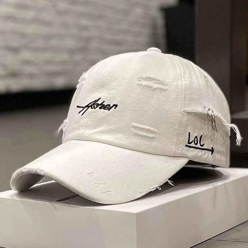 Korean Ins Retro Tattered Jeans Soft Peaked Cap Women White M