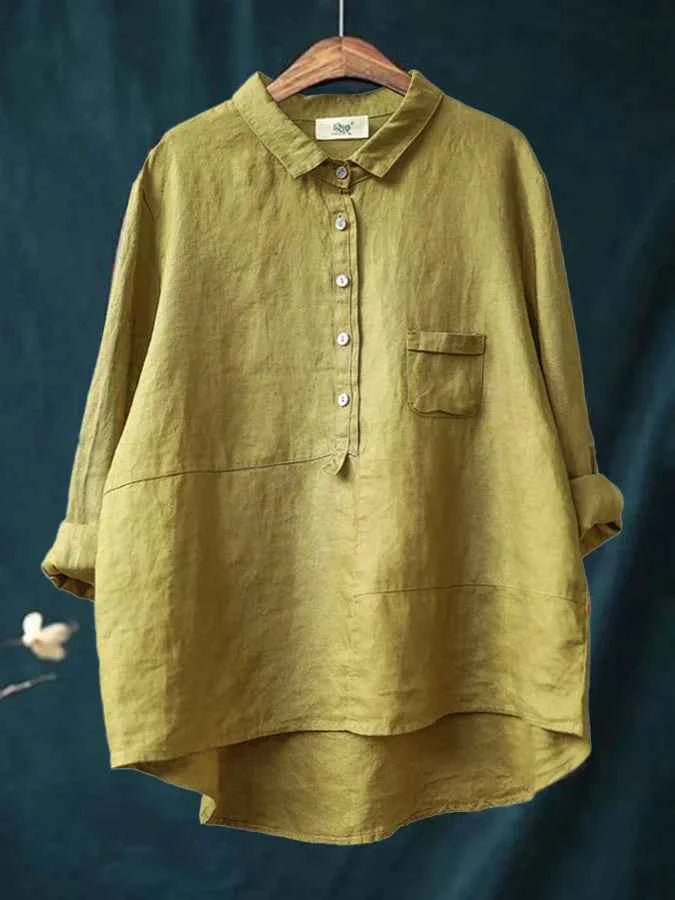 Women's Relaxed Fit Linen Shirt – Long Sleeve – Breathable Classic Collar Yellow