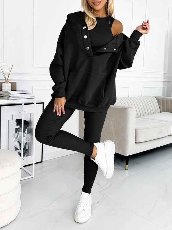 Women's Relaxed Fit Hoodie & High Waist Leggings Loungewear Set – Comfortable Casual Wear Black