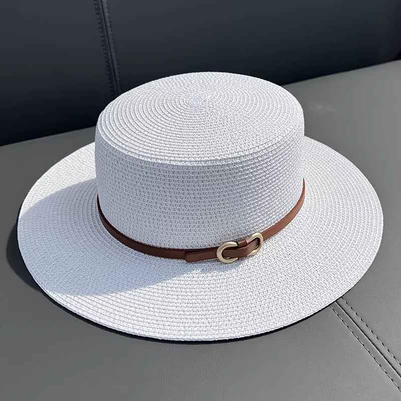 Flat Straw Hat Women's Summer Seaside UV Protection White Free Size