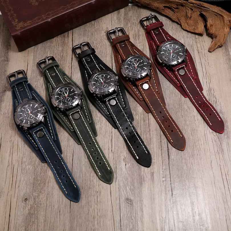 Men's Leather Watch with Rugged Armor Design
