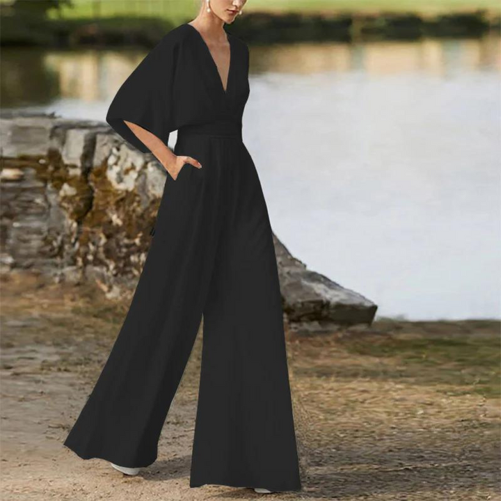 Women's Relaxed Fit Jumpsuit – Deep V-Neck, Half Sleeves, Wide Legs – Breathable Design Black