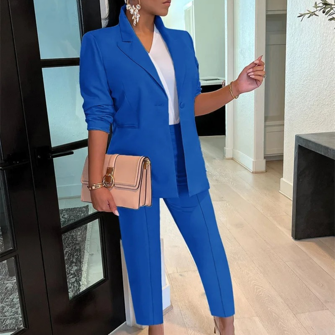 Women's Tailored Suit Set – Blazer with Slim Fit High Waist Pants – Ankle-Length Design Blue