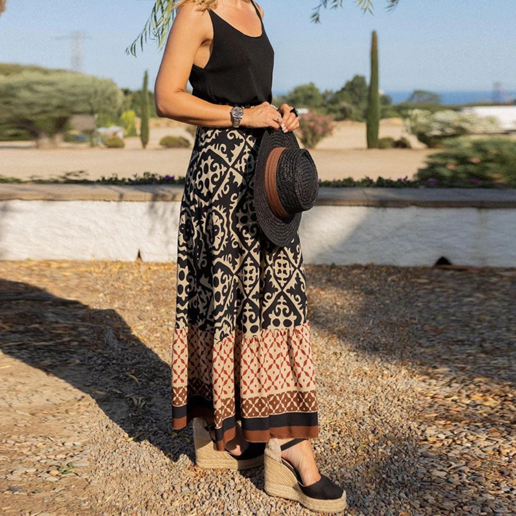 Women's A-Line Maxi Skirt – Geometric Pattern – Ruffle Hem – Eco-Friendly Materials Black