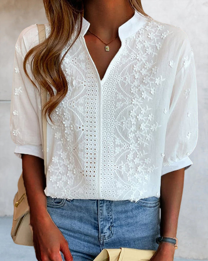Women's V-Neck Puff Sleeve Blouse