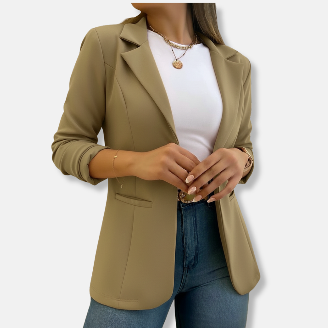 Women's Tailored Blazer – Three-Quarter Sleeve – Classic Lapels – Flap Pockets Khaki